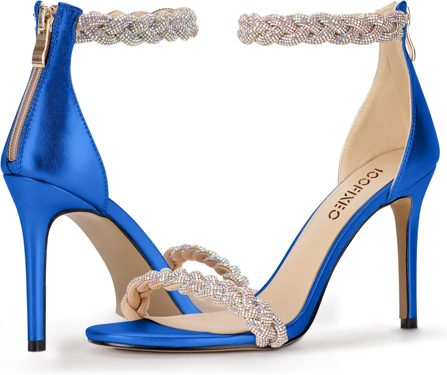 100FIXEO Women's Rhinestone Open Toe Stiletto Heeled Sandals Elegant Ankle Strap Wedding High Heels Sexy Dressy Shoes