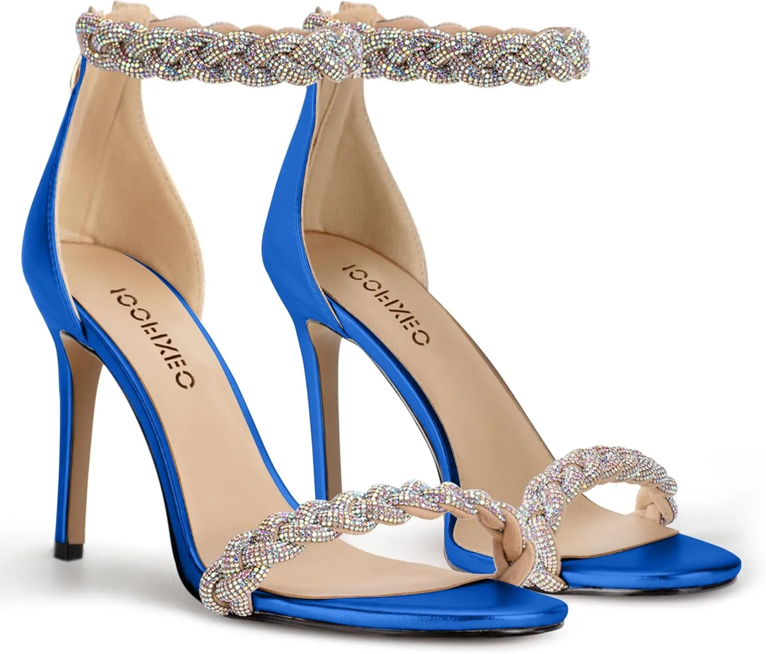100FIXEO Women's Rhinestone Open Toe Stiletto Heeled Sandals Elegant Ankle Strap Wedding High Heels Sexy Dressy Shoes