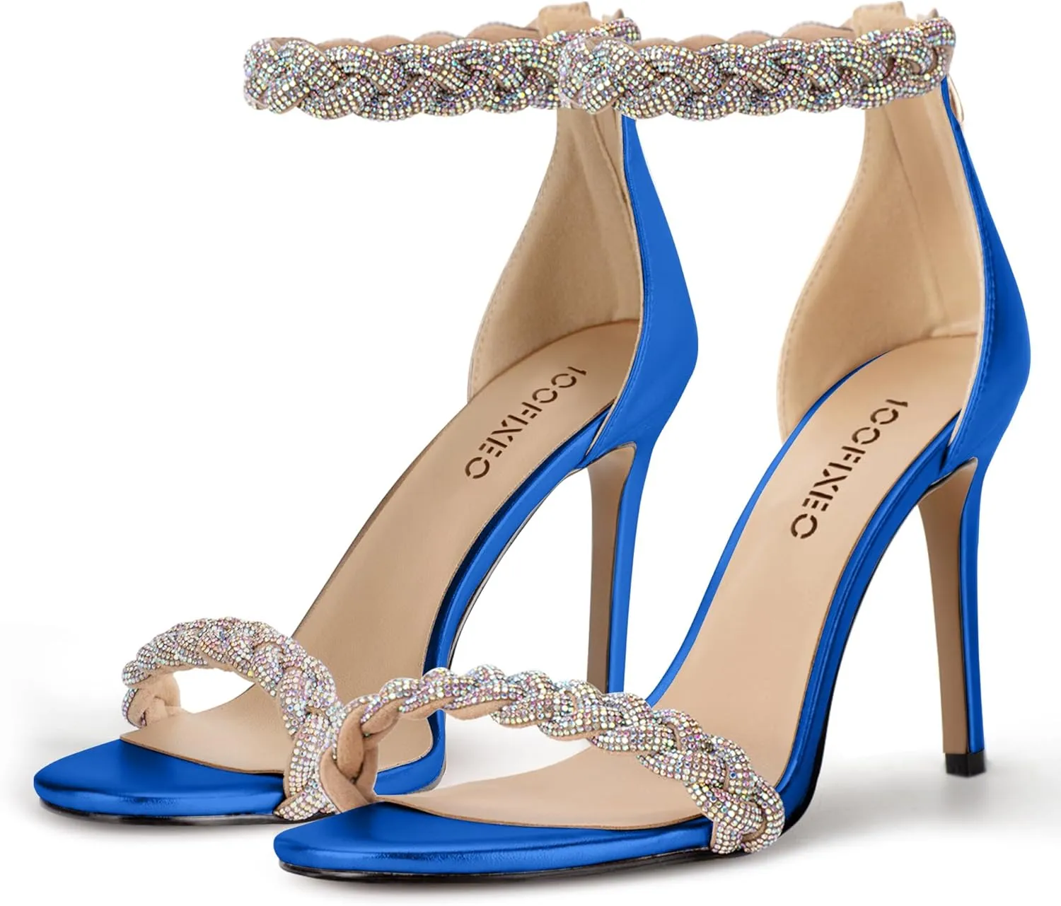 100FIXEO Women's Rhinestone Open Toe Stiletto Heeled Sandals Elegant Ankle Strap Wedding High Heels Sexy Dressy Shoes