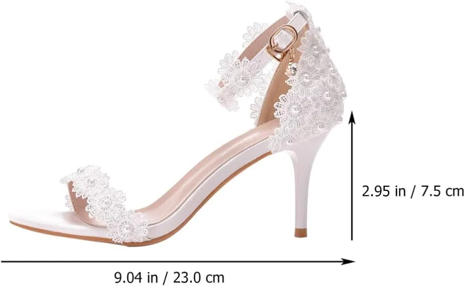 1Pair Womens High Heels Sexy Stiletto Heels Sandals White Lace Bride Shoes for Bridal Wedding Party