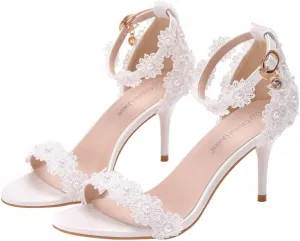 1Pair Womens High Heels Sexy Stiletto Heels Sandals White Lace Bride Shoes for Bridal Wedding Party