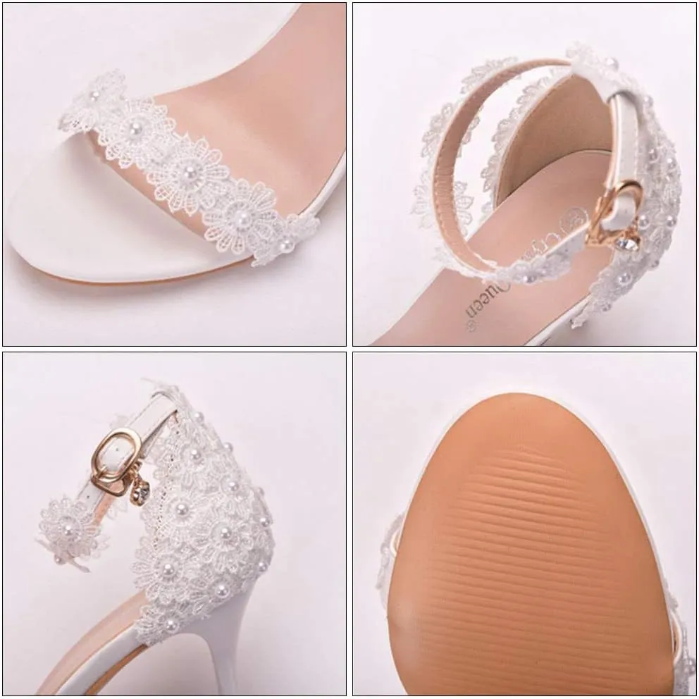 1Pair Womens High Heels Sexy Stiletto Heels Sandals White Lace Bride Shoes for Bridal Wedding Party
