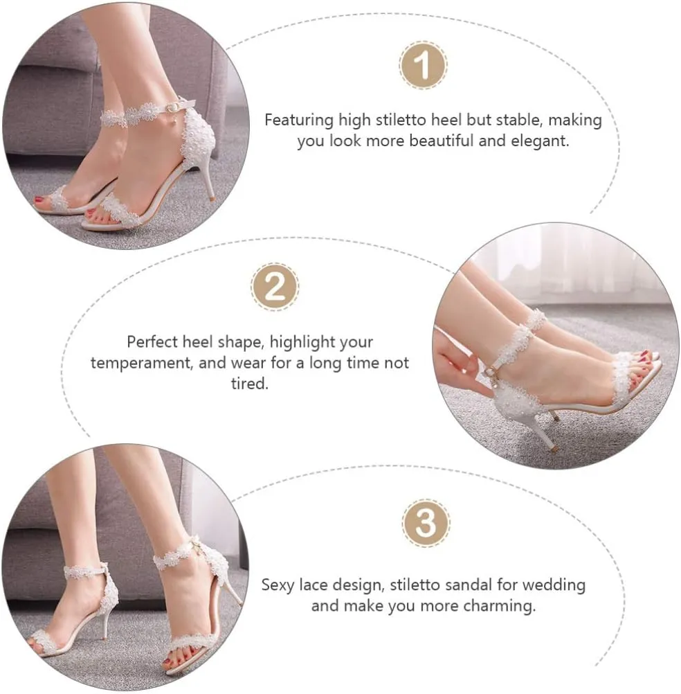 1Pair Womens High Heels Sexy Stiletto Heels Sandals White Lace Bride Shoes for Bridal Wedding Party
