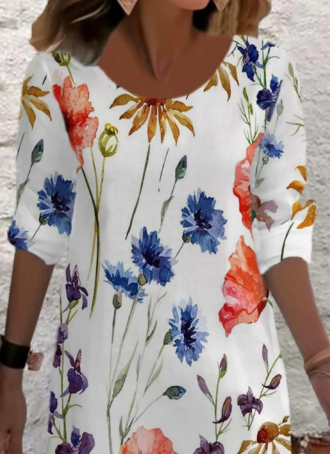 2025 Women's Spring Summer Crew Neck 3/4 Sleeve Dress Loose A Line Flower Print Mini Shift Dress