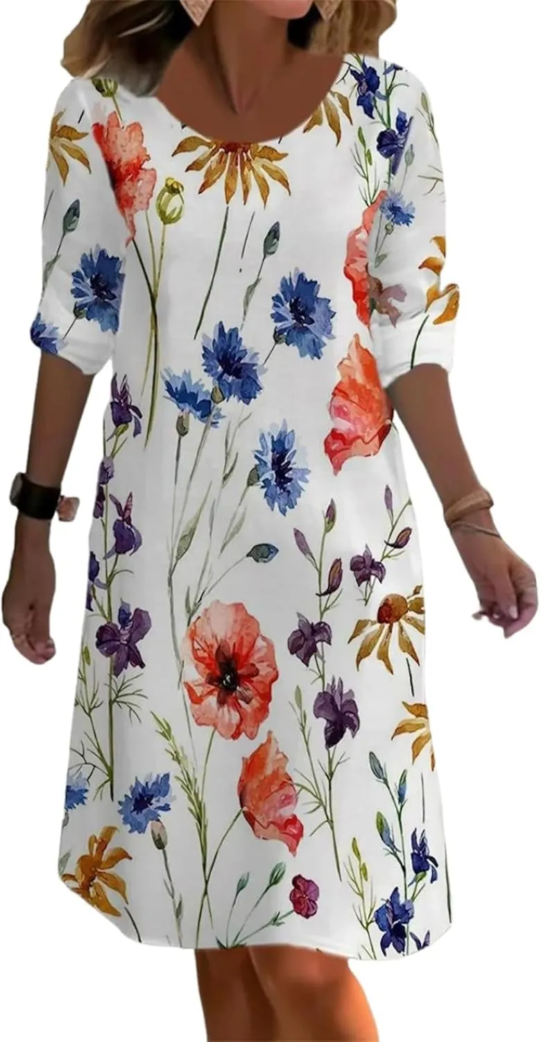 2025 Women's Spring Summer Crew Neck 3/4 Sleeve Dress Loose A Line Flower Print Mini Shift Dress
