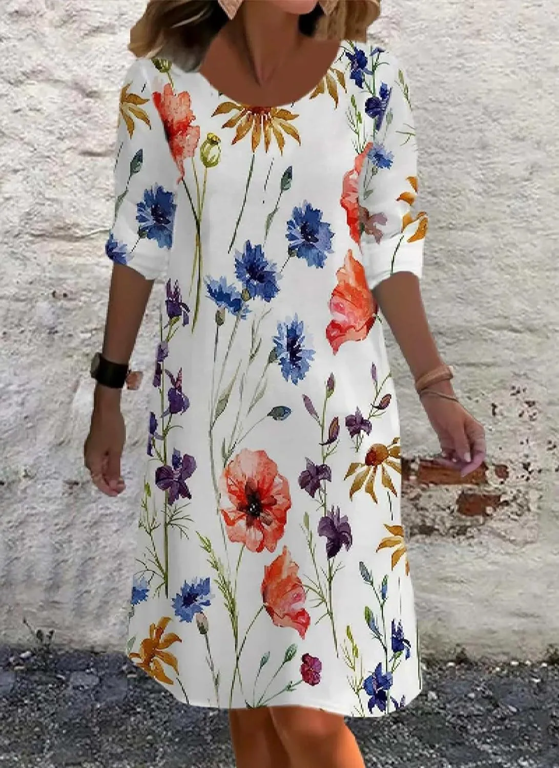 2025 Women's Spring Summer Crew Neck 3/4 Sleeve Dress Loose A Line Flower Print Mini Shift Dress