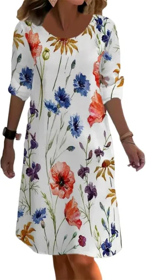 2025 Women's Spring Summer Crew Neck 3/4 Sleeve Dress Loose A Line Flower Print Mini Shift Dress