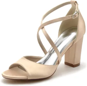 3.34 Inches White Womens Heeled Sandals Buckle Open Toe Satin Elegant Simple Wedding Party Bridal Shoes Block Heel Ankle Strap Sandals