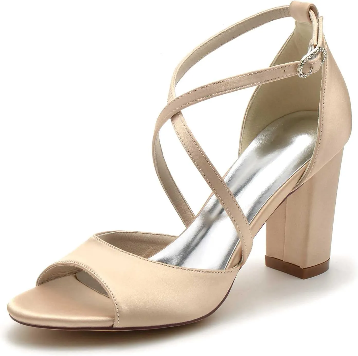 3.34 Inches White Womens Heeled Sandals Buckle Open Toe Satin Elegant Simple Wedding Party Bridal Shoes Block Heel Ankle Strap Sandals