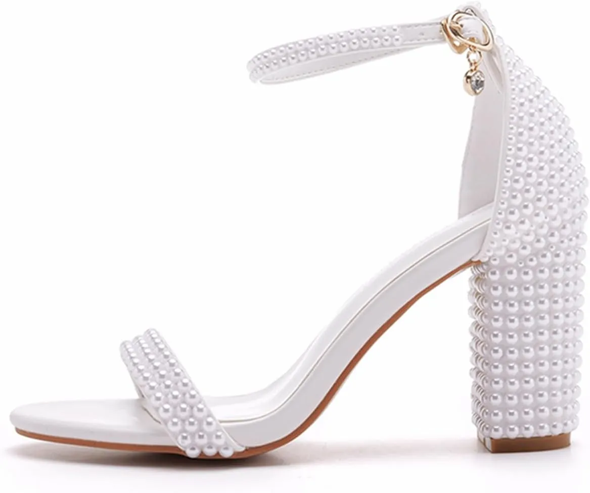 3.75 Inches Women Block Heel Sandals Full White Pearls High Heel Sandals Bridal Wedding Shoes Open Toe Chunky Heel Sandals For Party Evening
