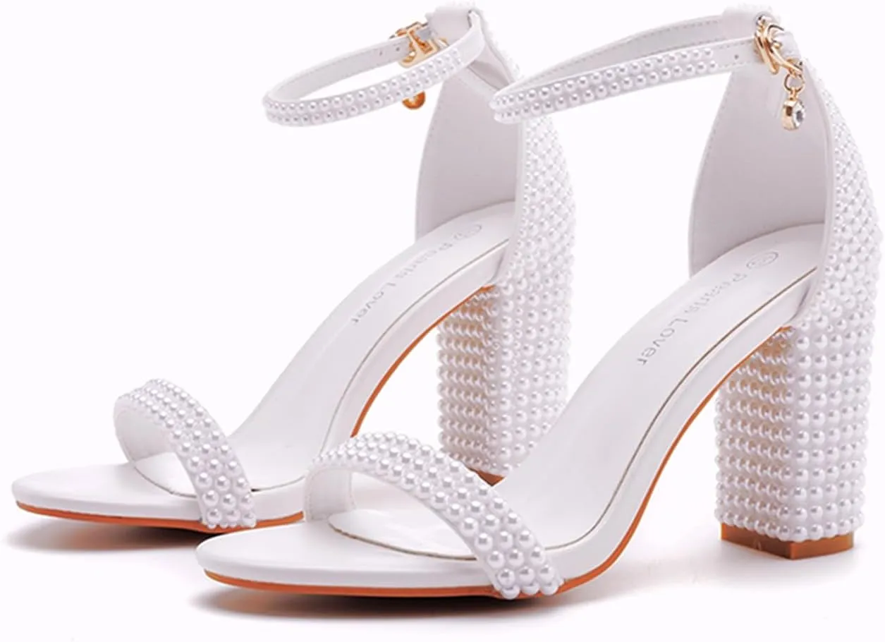 3.75 Inches Women Block Heel Sandals Full White Pearls High Heel Sandals Bridal Wedding Shoes Open Toe Chunky Heel Sandals For Party Evening