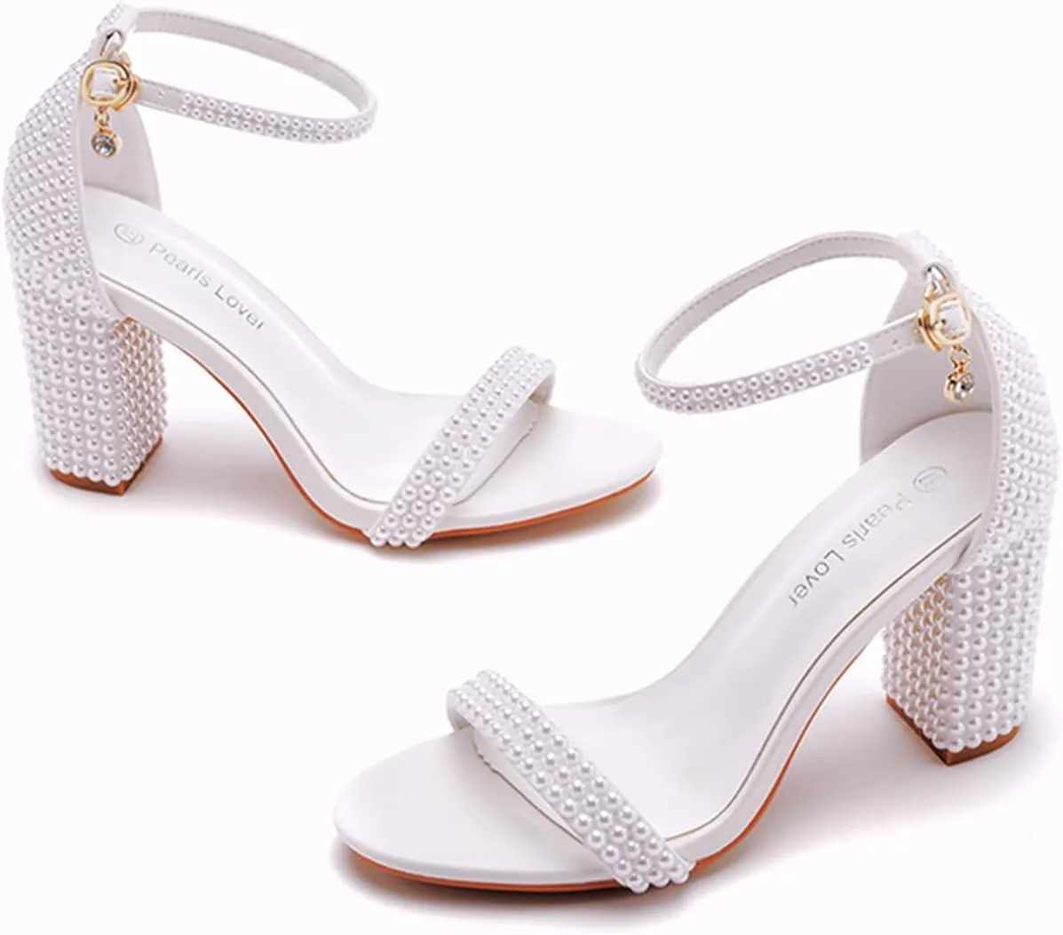 3.75 Inches Women Block Heel Sandals Full White Pearls High Heel Sandals Bridal Wedding Shoes Open Toe Chunky Heel Sandals For Party Evening