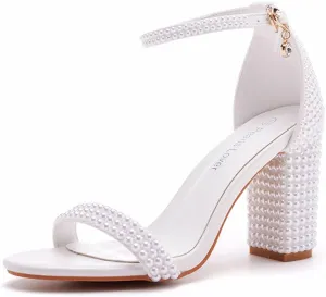 3.75 Inches Women Block Heel Sandals Full White Pearls High Heel Sandals Bridal Wedding Shoes Open Toe Chunky Heel Sandals For Party Evening