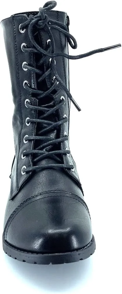 ABSOLEX Womens Lace up Round Toe Low Heel Combat Boots