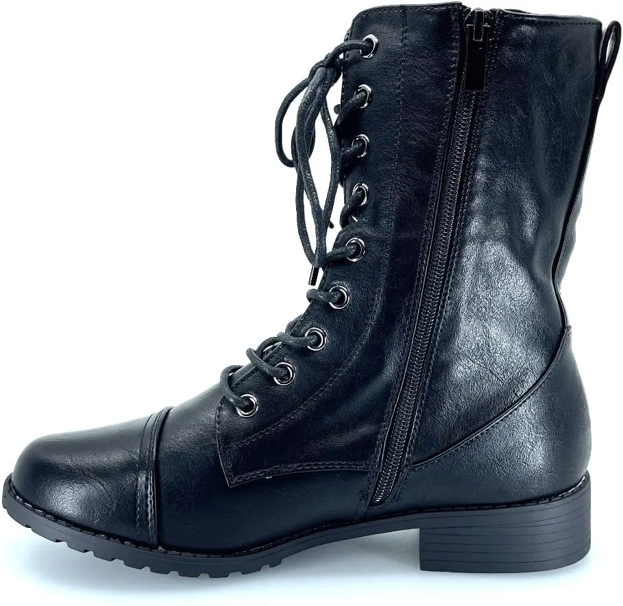 ABSOLEX Womens Lace up Round Toe Low Heel Combat Boots