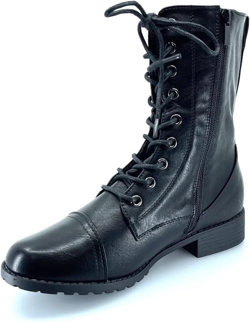 ABSOLEX Womens Lace up Round Toe Low Heel Combat Boots