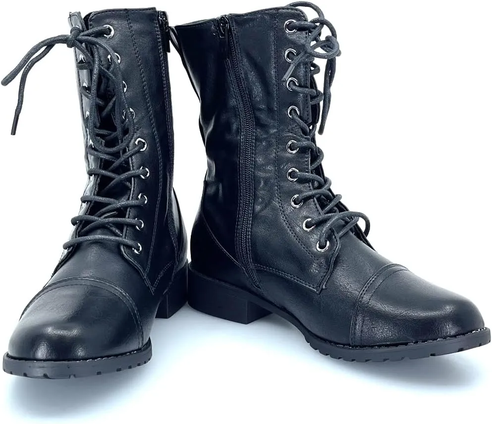 ABSOLEX Womens Lace up Round Toe Low Heel Combat Boots
