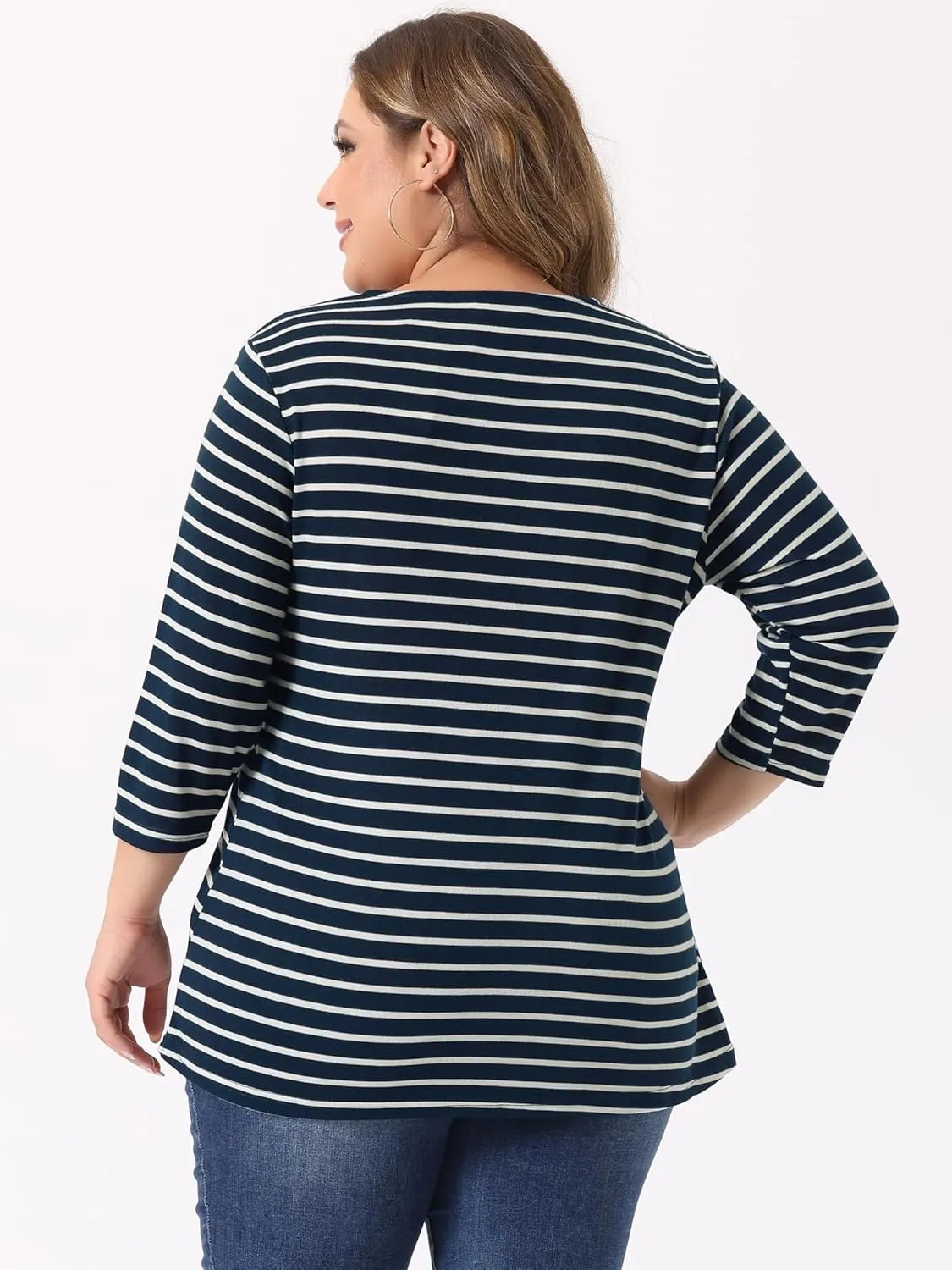 Agnes Orinda Plus Size Tops for Women Knit Striped 3/4 Sleeve Asymmetric Neck t Shirt Fashion Dressy Casual Blouses