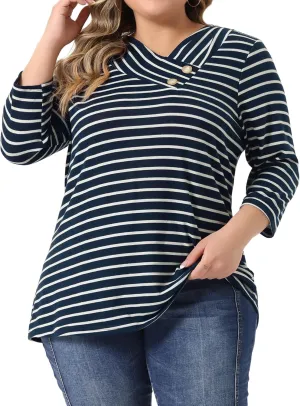 Agnes Orinda Plus Size Tops for Women Knit Striped 3/4 Sleeve Asymmetric Neck t Shirt Fashion Dressy Casual Blouses