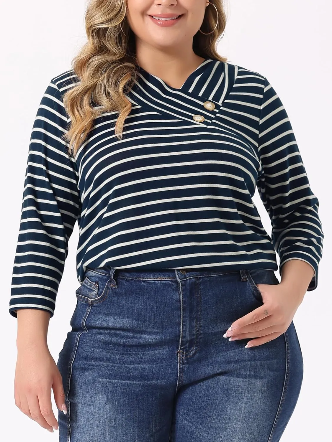 Agnes Orinda Plus Size Tops for Women Knit Striped 3/4 Sleeve Asymmetric Neck t Shirt Fashion Dressy Casual Blouses