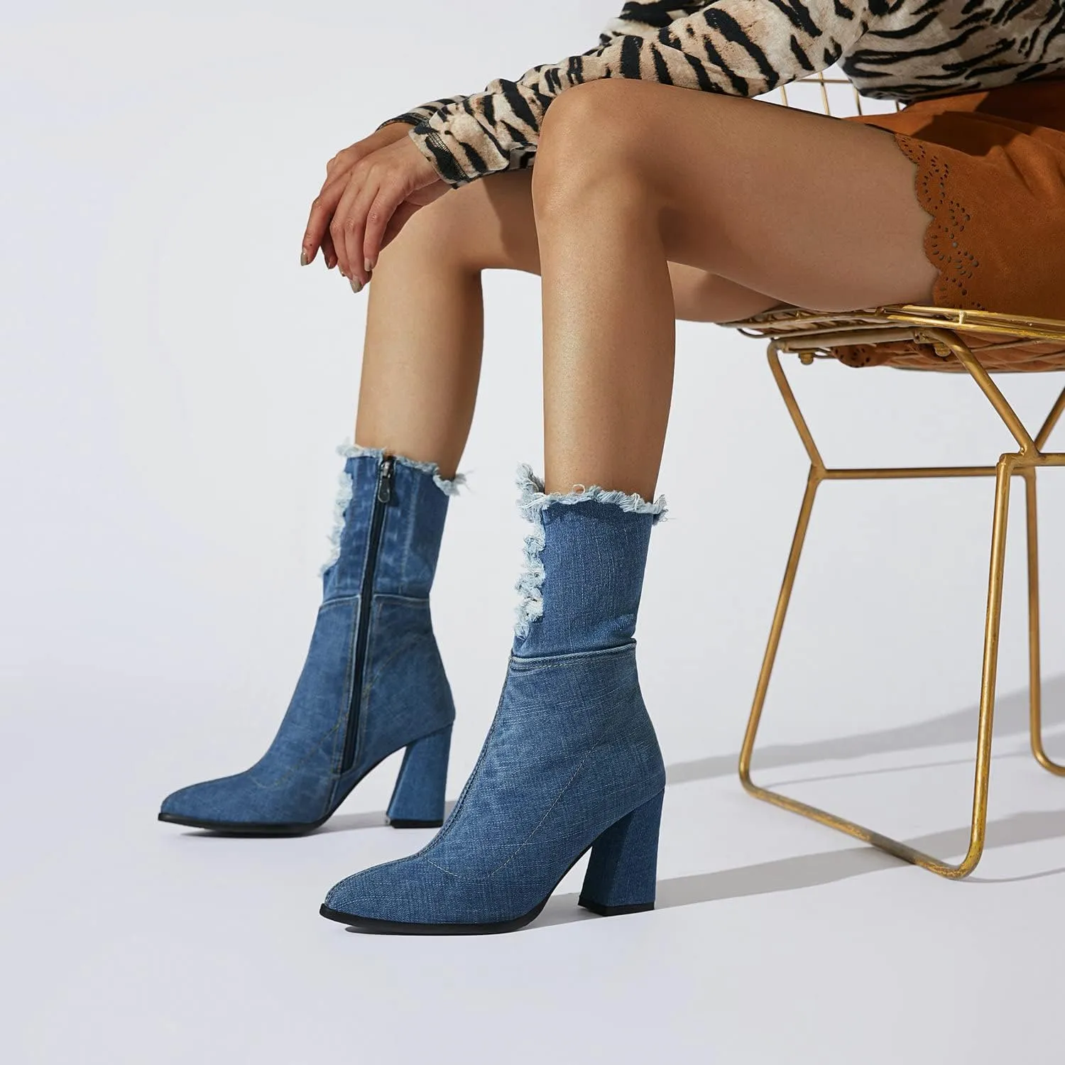 Agodor Women's Denim Thigh High Boots Cutout Over The Knee Blue Jean Boots