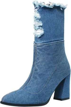 Agodor Women's Denim Thigh High Boots Cutout Over The Knee Blue Jean Boots