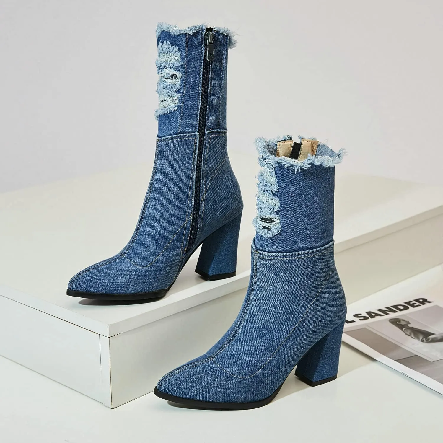 Agodor Women's Denim Thigh High Boots Cutout Over The Knee Blue Jean Boots