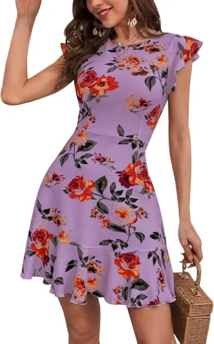 AIMCOO Women's Summer Flutter Sleeves Mini Dress Crewneck Ruffle Hem Casual Short Dresses Elegant Boho Floral A-Line Dress