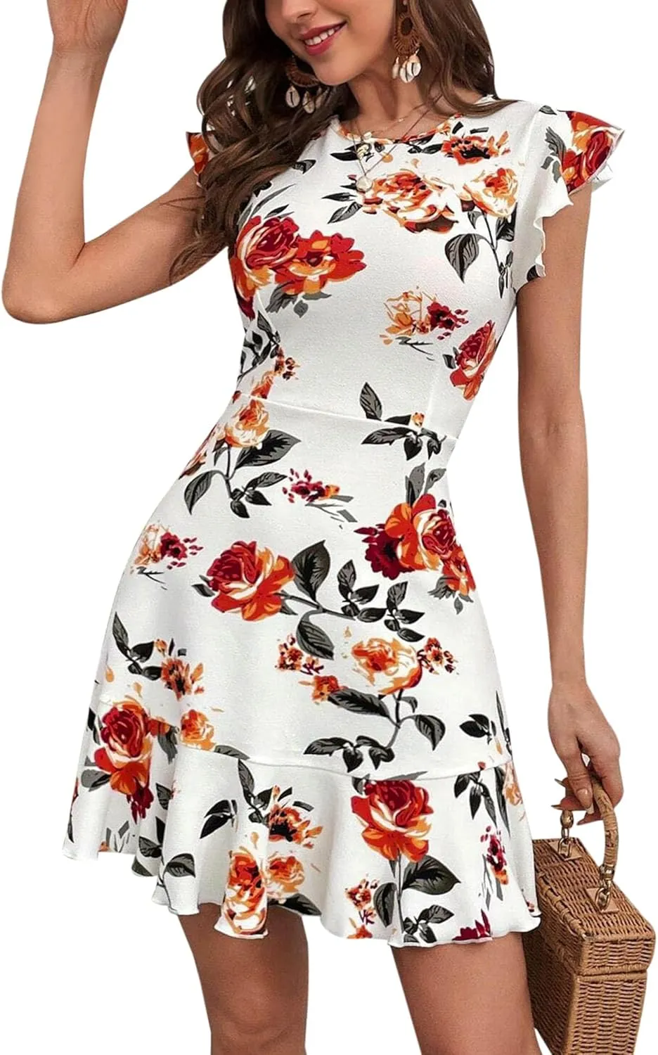 AIMCOO Women's Summer Flutter Sleeves Mini Dress Crewneck Ruffle Hem Casual Short Dresses Elegant Boho Floral A-Line Dress
