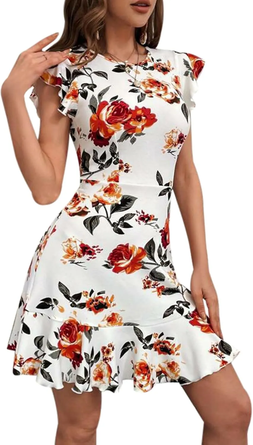 AIMCOO Women's Summer Flutter Sleeves Mini Dress Crewneck Ruffle Hem Casual Short Dresses Elegant Boho Floral A-Line Dress