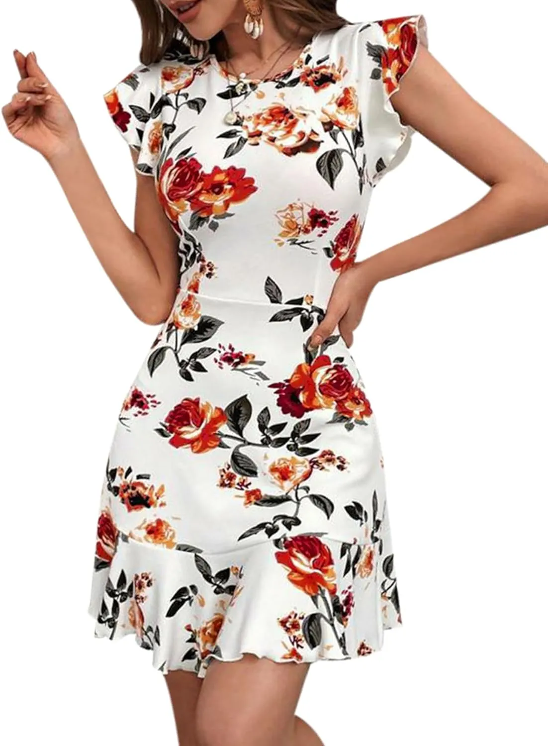 AIMCOO Women's Summer Flutter Sleeves Mini Dress Crewneck Ruffle Hem Casual Short Dresses Elegant Boho Floral A-Line Dress
