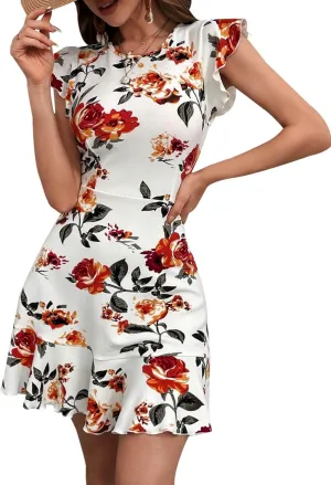 AIMCOO Women's Summer Flutter Sleeves Mini Dress Crewneck Ruffle Hem Casual Short Dresses Elegant Boho Floral A-Line Dress