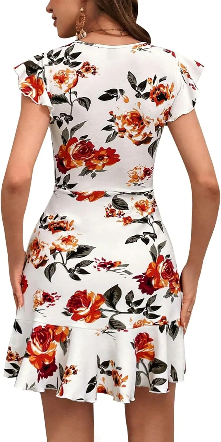 AIMCOO Women's Summer Flutter Sleeves Mini Dress Crewneck Ruffle Hem Casual Short Dresses Elegant Boho Floral A-Line Dress