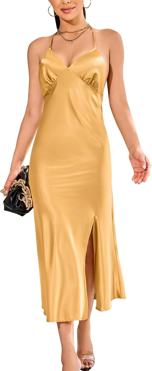 ALCEA ROSEA Womens Satin Dress Backless Spaghetti Strap Cocktail Dress Wedding Guest Evening Party Midi Dresses with Slit