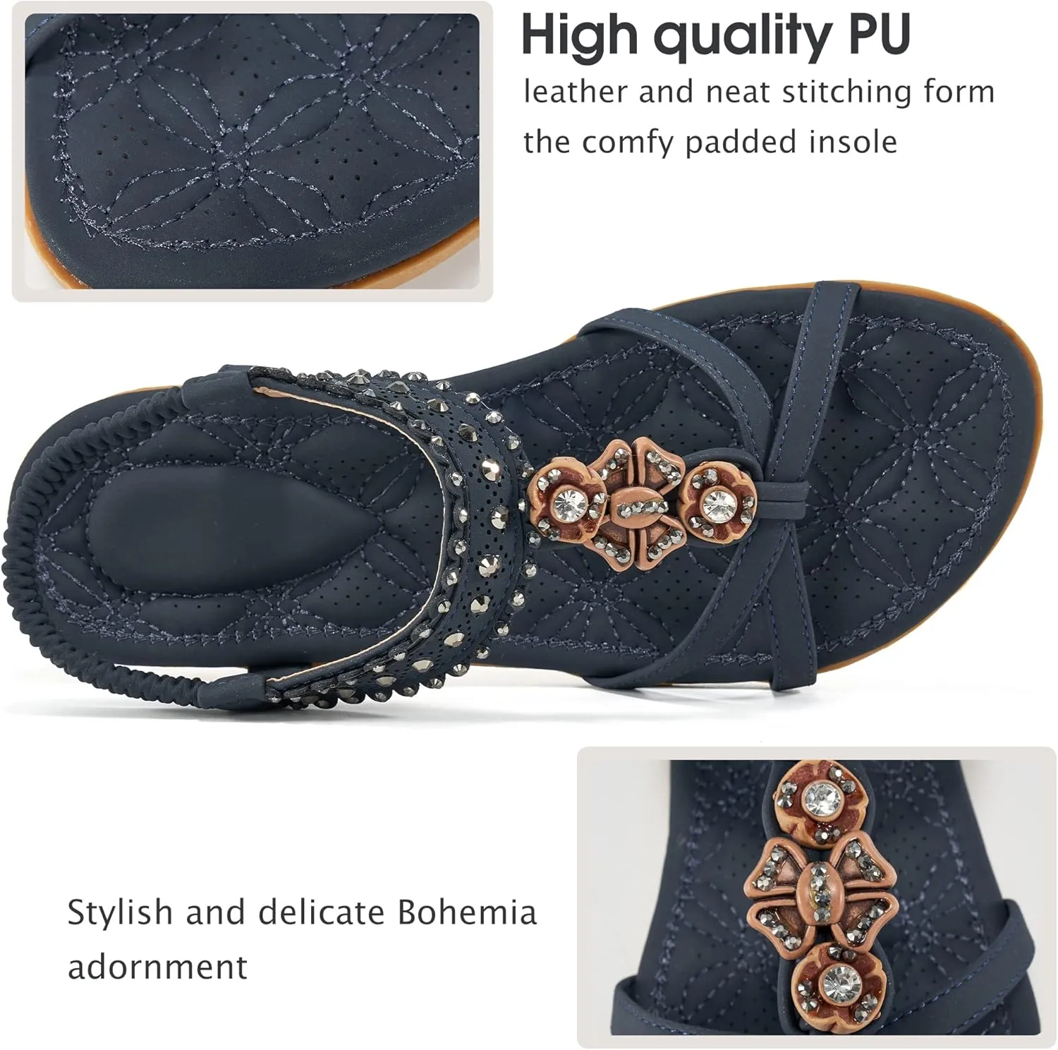 Alicegana Womens Sandals Shoes Comfort Walking with Non Slip on Casual Summer Beach Shoes Dress Ankle Elastic Jeweled Bohemian Flats