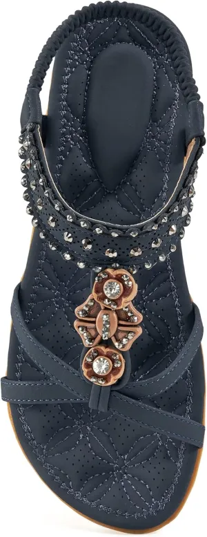 Alicegana Womens Sandals Shoes Comfort Walking with Non Slip on Casual Summer Beach Shoes Dress Ankle Elastic Jeweled Bohemian Flats