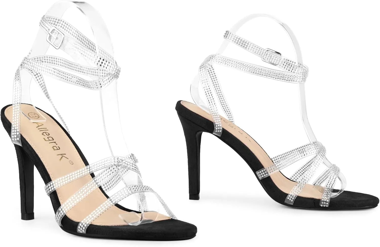 Allegra K Women's Elegant Rhinestone Clear Strap Strappy Stiletto Heels Sandals Over 3 Inch Evening Party Wedding Shoes