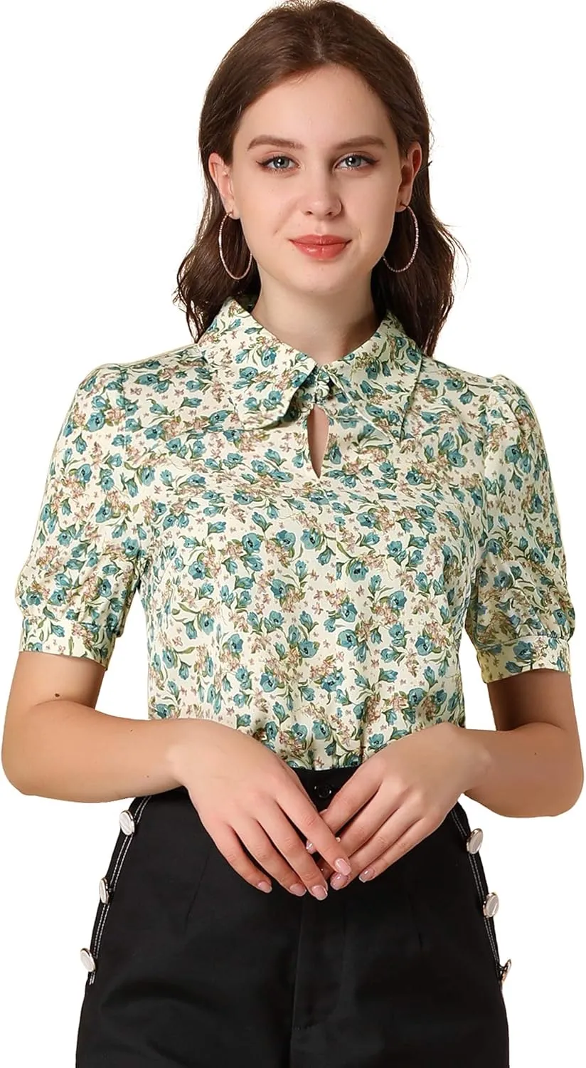 Allegra K Women's Elegant Shirt Collared 2025 Summer Short Sleeve 1950s Vintage Floral Blouse