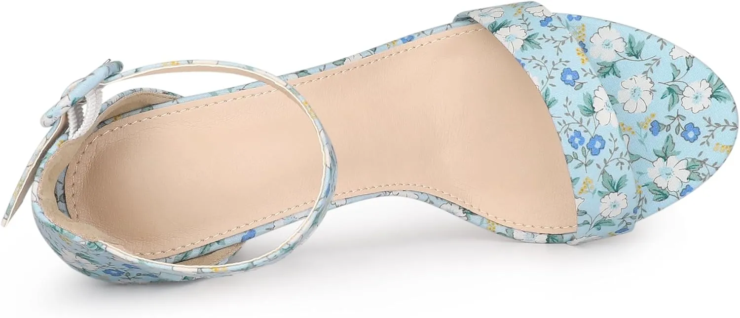 Allegra K Women's Floral Print Open Toe Block High Heels Summer Sandals