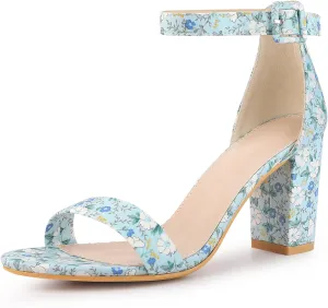 Allegra K Women's Floral Print Open Toe Block High Heels Summer Sandals