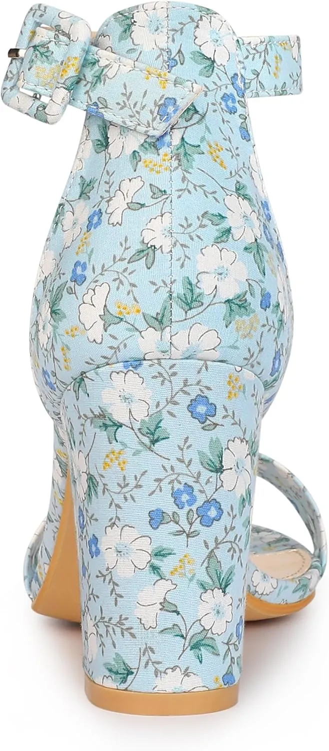 Allegra K Women's Floral Print Open Toe Block High Heels Summer Sandals