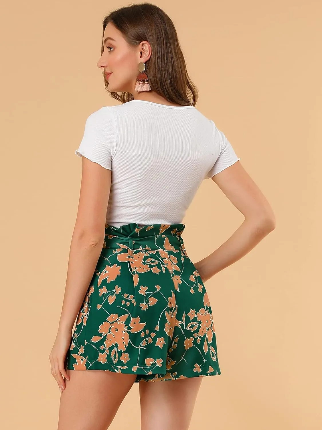 Allegra K Women's Summer Bow Tie High Waist Short Floral Paper Bag Shorts