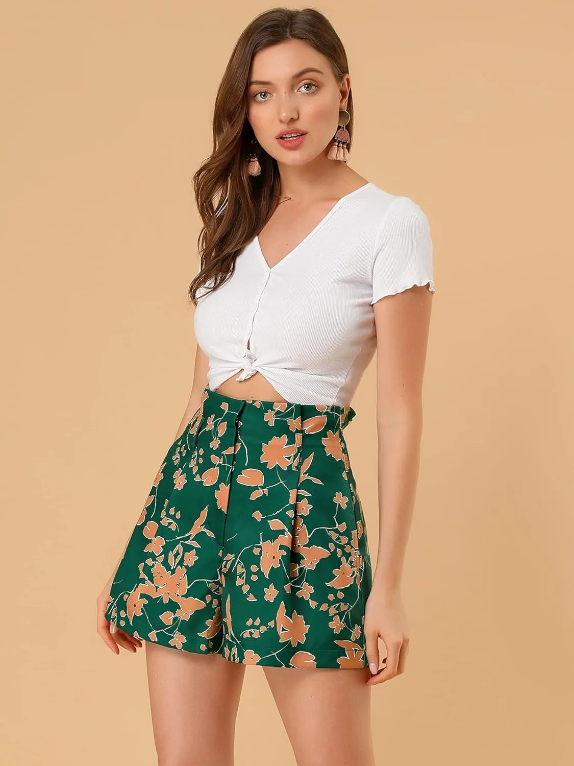 Allegra K Women's Summer Bow Tie High Waist Short Floral Paper Bag Shorts
