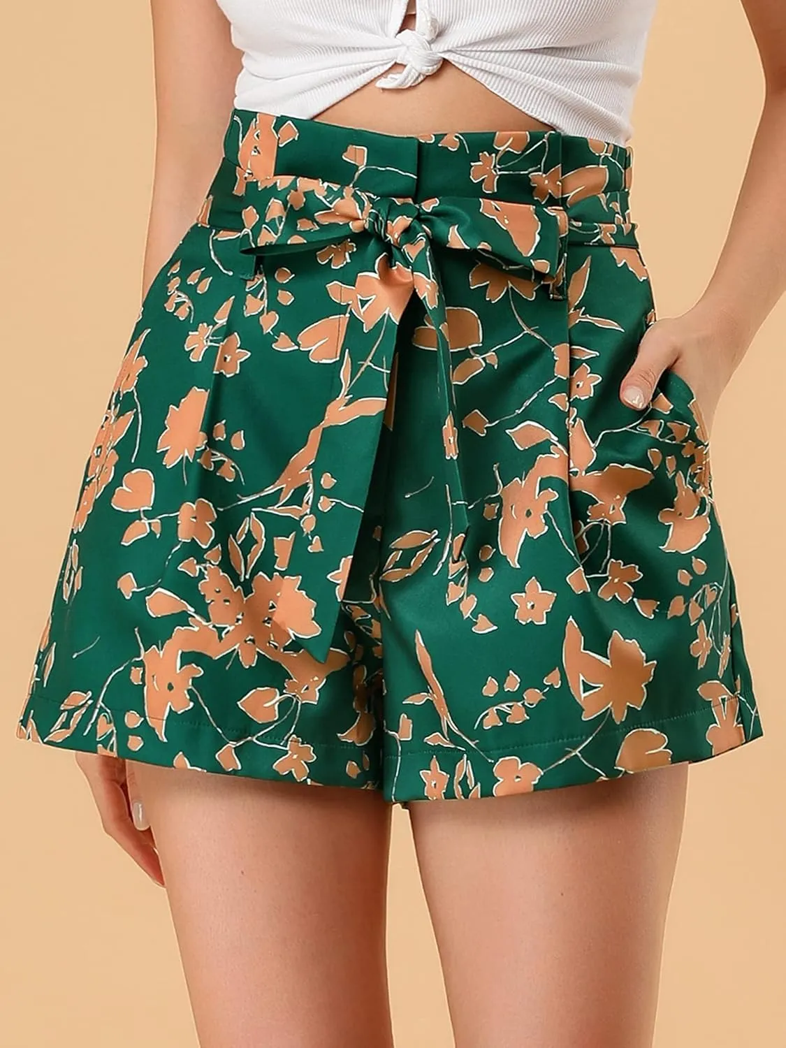 Allegra K Women's Summer Bow Tie High Waist Short Floral Paper Bag Shorts