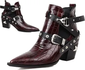 AngryMonkey Womens Pointed Toe Cowboy Booties Slip-On Chunky Heel Leather Western Boots Personality Rivet Buckle Belt Large Sizes to 15