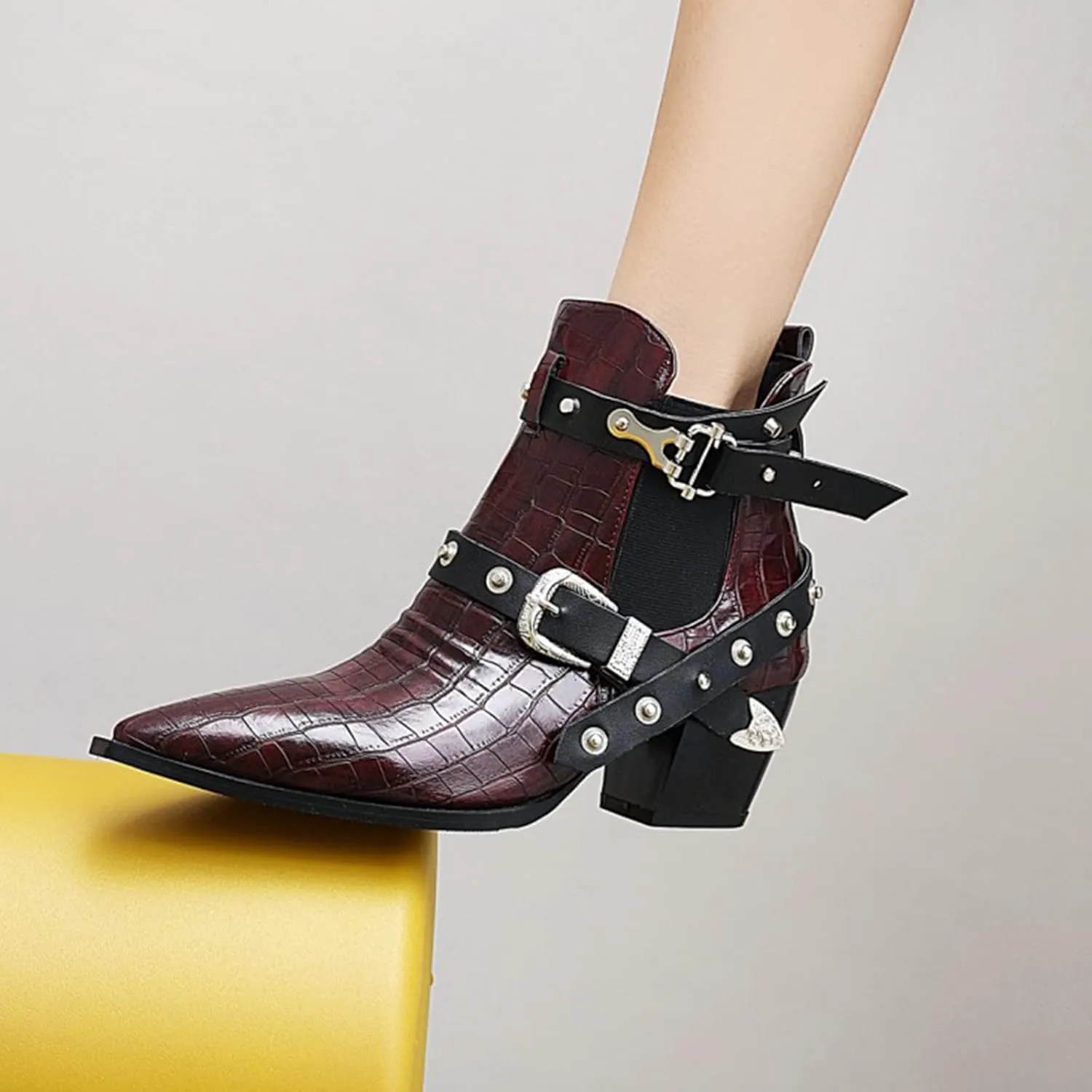 AngryMonkey Womens Pointed Toe Cowboy Booties Slip-On Chunky Heel Leather Western Boots Personality Rivet Buckle Belt Large Sizes to 15
