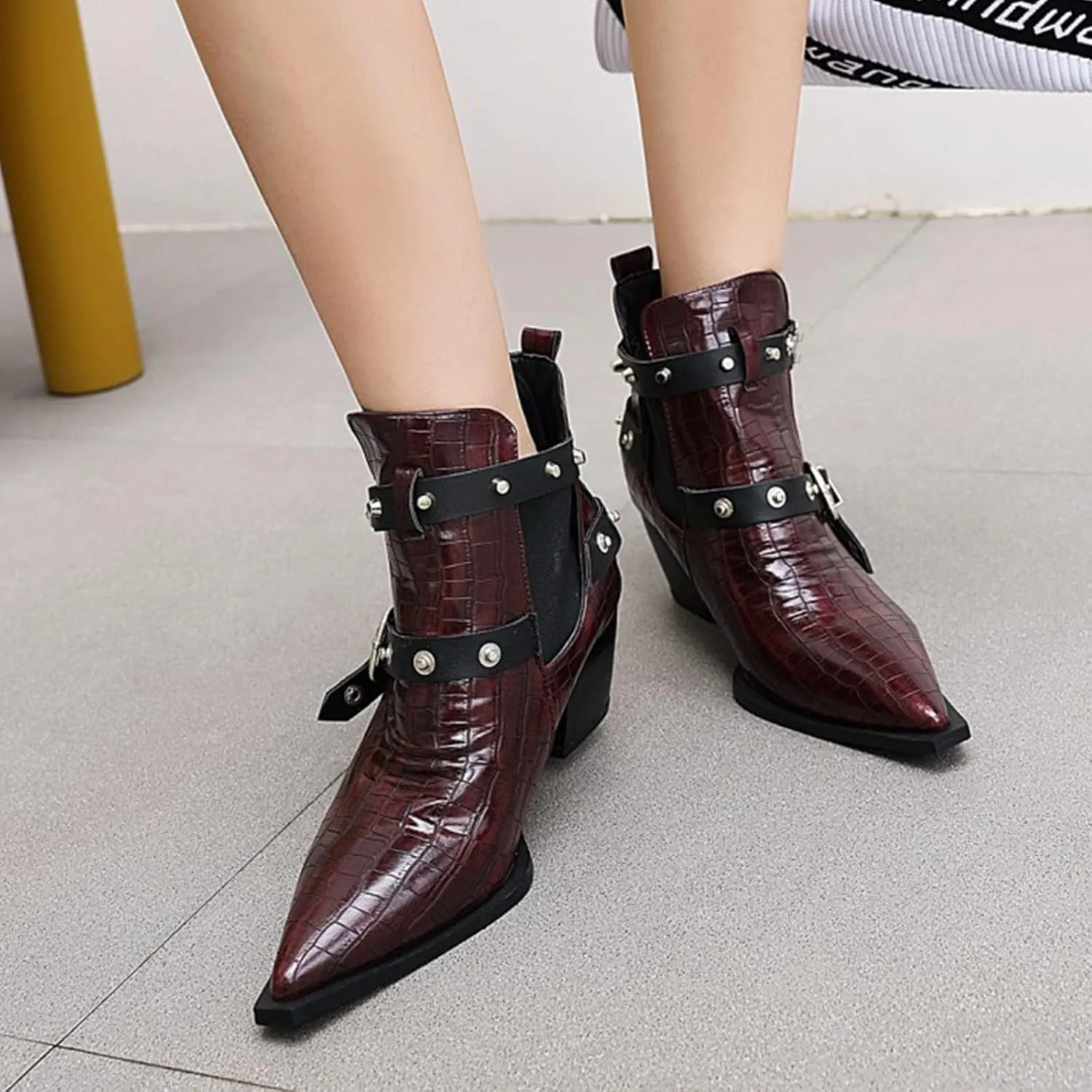 AngryMonkey Womens Pointed Toe Cowboy Booties Slip-On Chunky Heel Leather Western Boots Personality Rivet Buckle Belt Large Sizes to 15