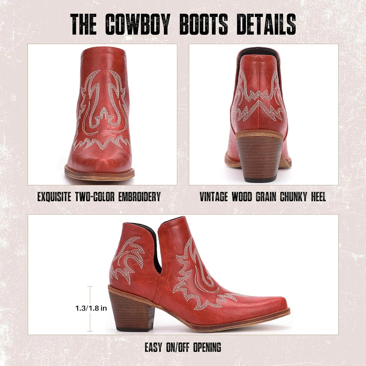 Ankle Cowboy Boots for Women - Cowgirl Booties, Western Short Boots Chunky Heels Pointed Toe(UNDERSIZE: PLEASE SELECT SIZE UP)
