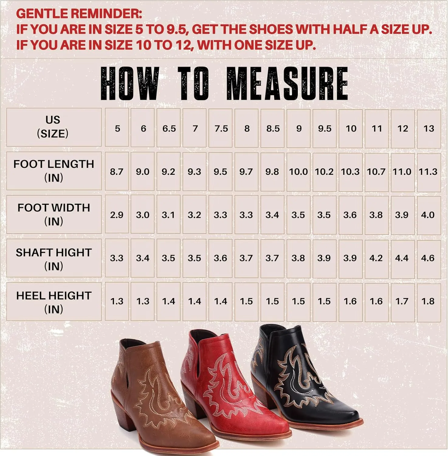 Ankle Cowboy Boots for Women - Cowgirl Booties, Western Short Boots Chunky Heels Pointed Toe(UNDERSIZE: PLEASE SELECT SIZE UP)