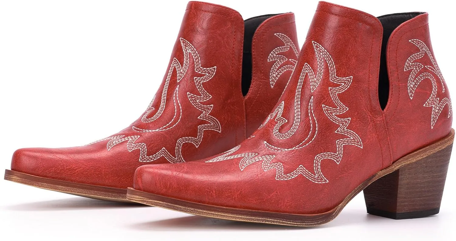 Ankle Cowboy Boots for Women - Cowgirl Booties, Western Short Boots Chunky Heels Pointed Toe(UNDERSIZE: PLEASE SELECT SIZE UP)